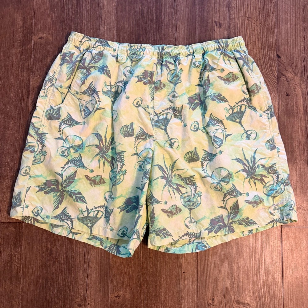 Columbia PFG Shorts Mens XL Green Tropical Marlin Martini Omni-Shade Fishing